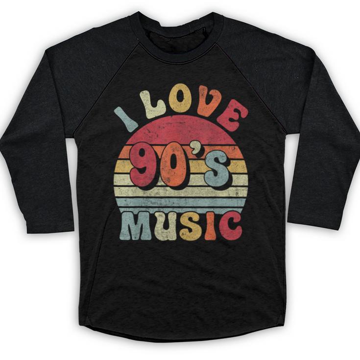 I Love 90's Music Retro Style Nostalgia Cassette 1990s Party Baseball Raglan Shirt