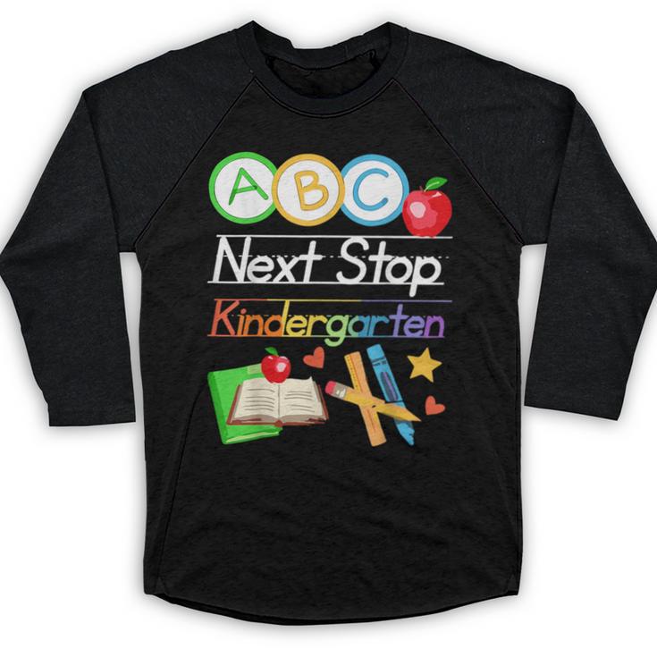 Next Stop Kindergarten Preschool Graduation 2025 Boy Girl Baseball Raglan Shirt