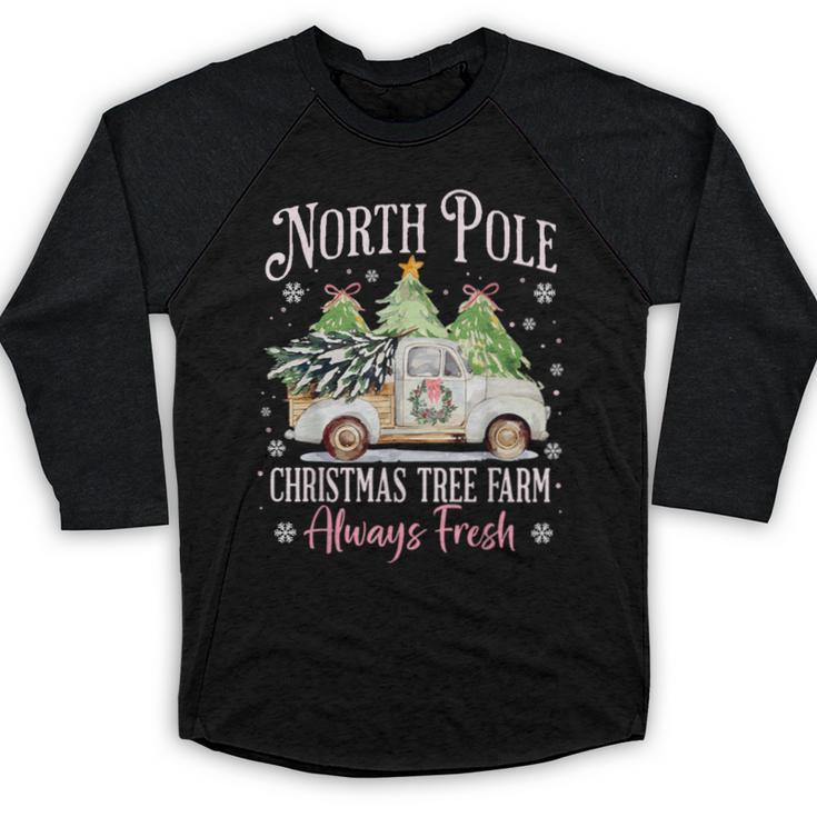 North Pole Tree Farm Merry Christmas Holiday Scene Nostalgia Baseball Raglan Shirt