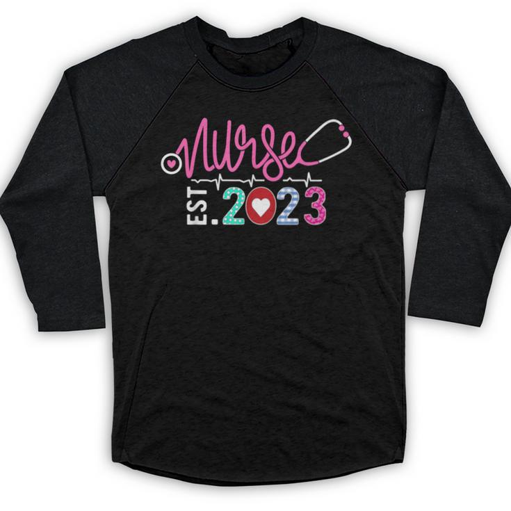 Nurse Graduation RN Nursing School Nurse Established 2023 Baseball Raglan Shirt