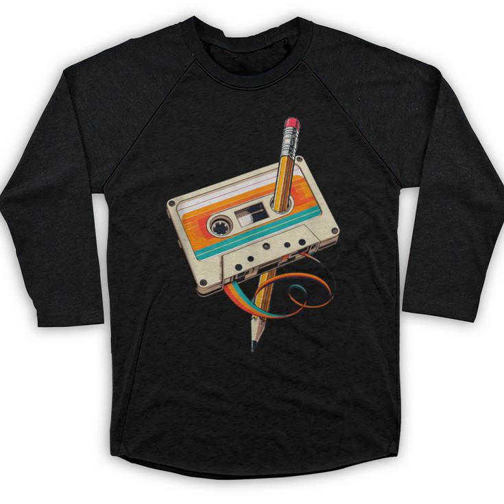 Retro Cassette Tape & Pencil Rewind Nostalgia Party 80s 90s Baseball Raglan Shirt