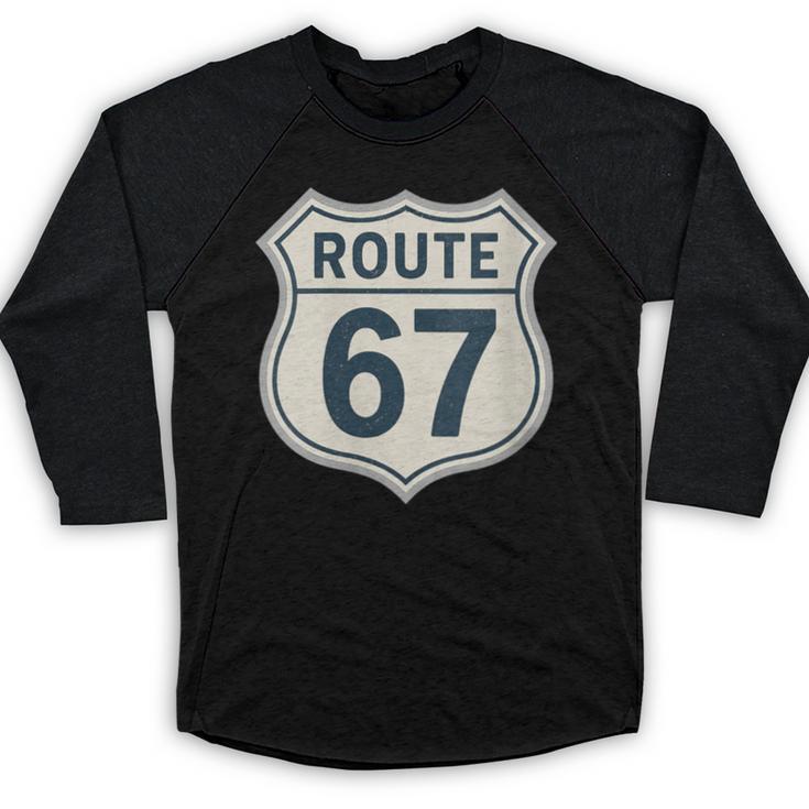 Retro Route 67 Highway Sign Vintage Road Nostalgia Baseball Raglan Shirt