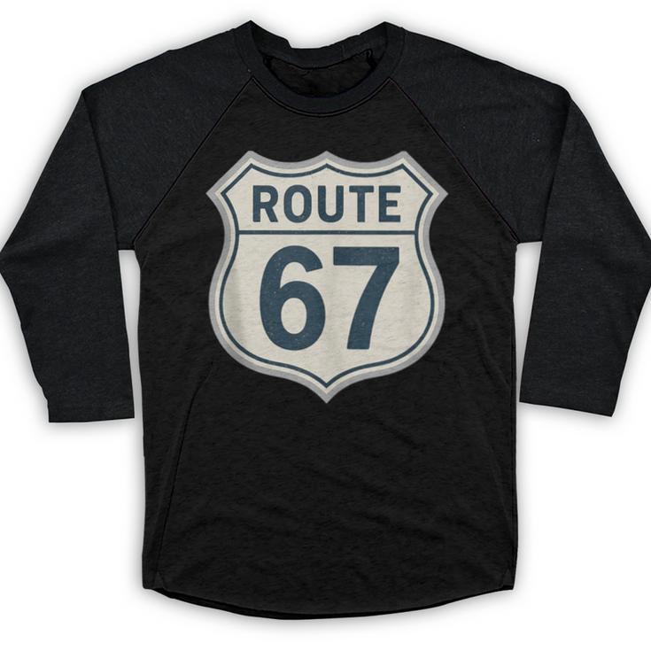 Retro Route 67 Highway Sign Vintage Road Nostalgia Baseball Raglan Shirt