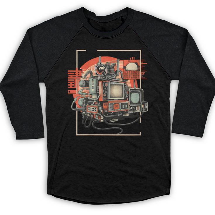 Retro Tech Stack 80s 90s Nostalgia Analog TV Cameras Baseball Raglan Shirt
