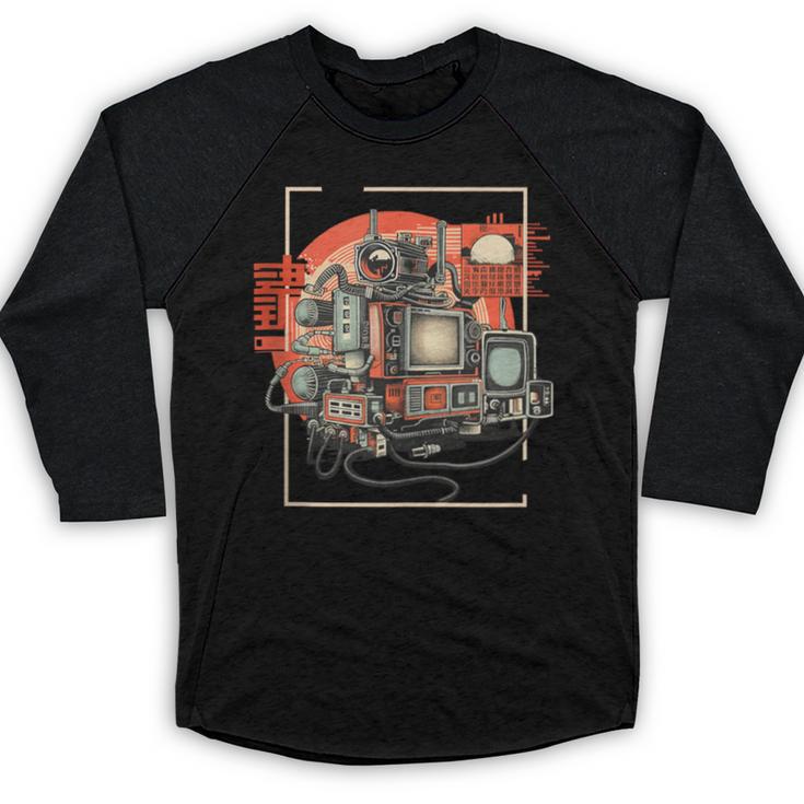 Retro Tech Stack 80s 90s Nostalgia Analog TV Cameras Baseball Raglan Shirt