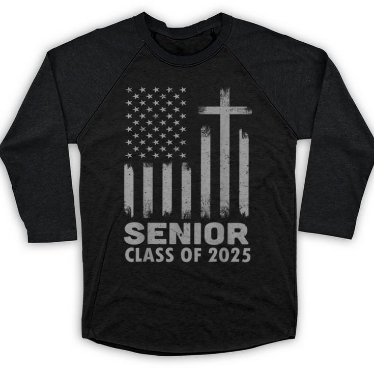 Senior Class Of 2025 USA Flag Cross Christian Graduation Baseball Raglan Shirt