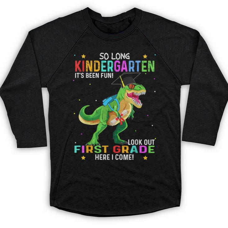 So Long Kindergarten Graduation Class 2025 Dinosaur Kids Baseball Raglan Shirt