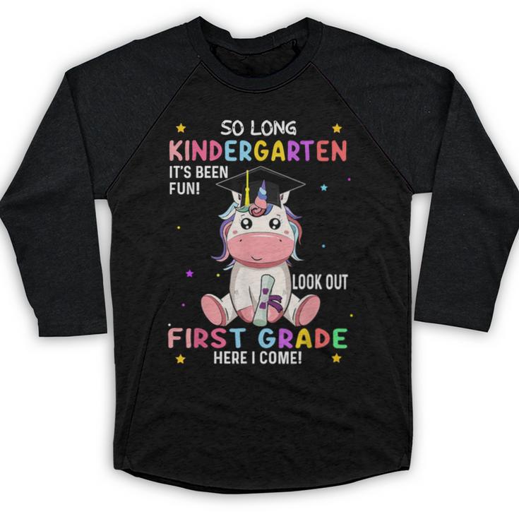So Long Kindergarten Graduation Class 2025 Unicorn Girls Baseball Raglan Shirt