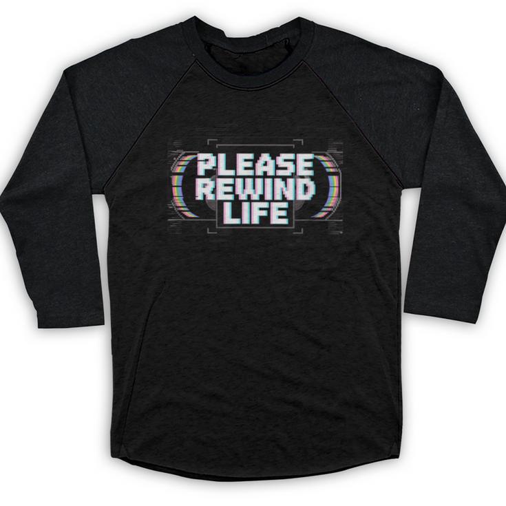 VHS Tape Rewind Glitch 90s Retro Nostalgia Please Rewind Baseball Raglan Shirt