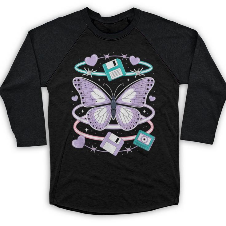Y2K Butterfly Floppy Disk Art Digital Nostalgia Baseball Raglan Shirt