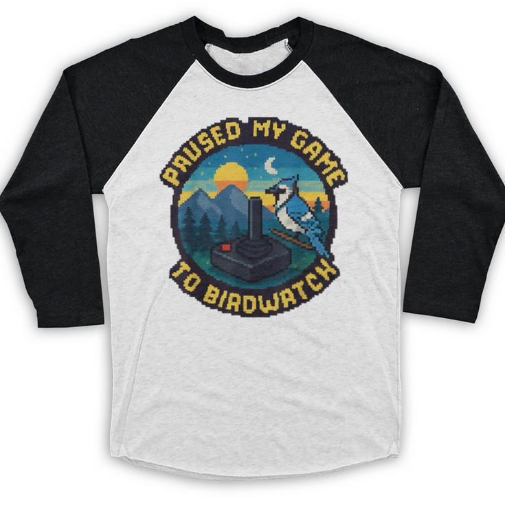 8-Bit Gamer Birder Blue Jay Arcade Nostalgia Nature Baseball Raglan Shirt