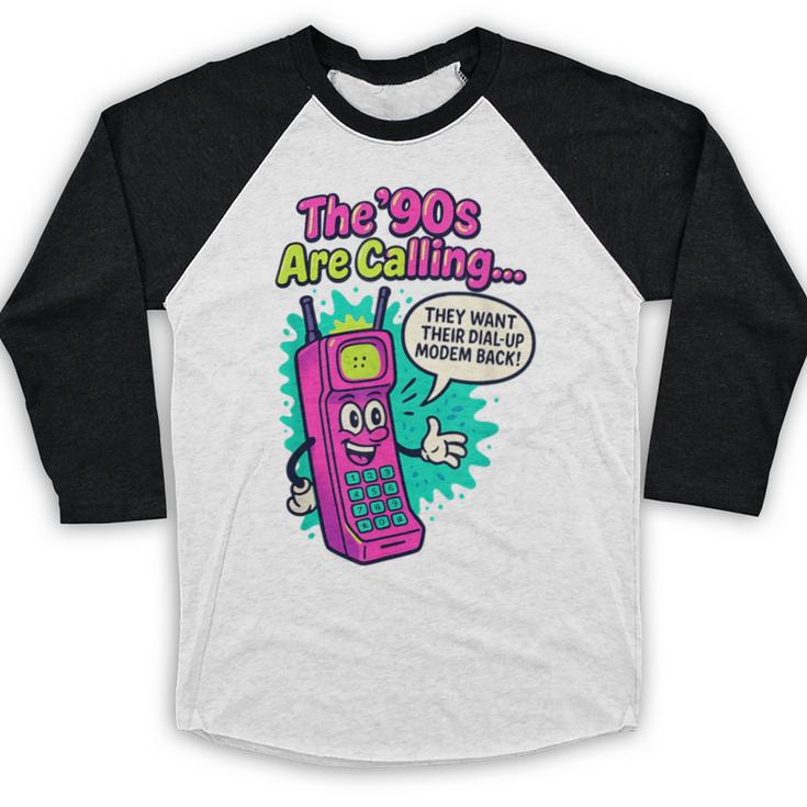 The 90s Are Calling Retro 90s Kid Nostalgia Gag Meme Baseball Raglan Shirt