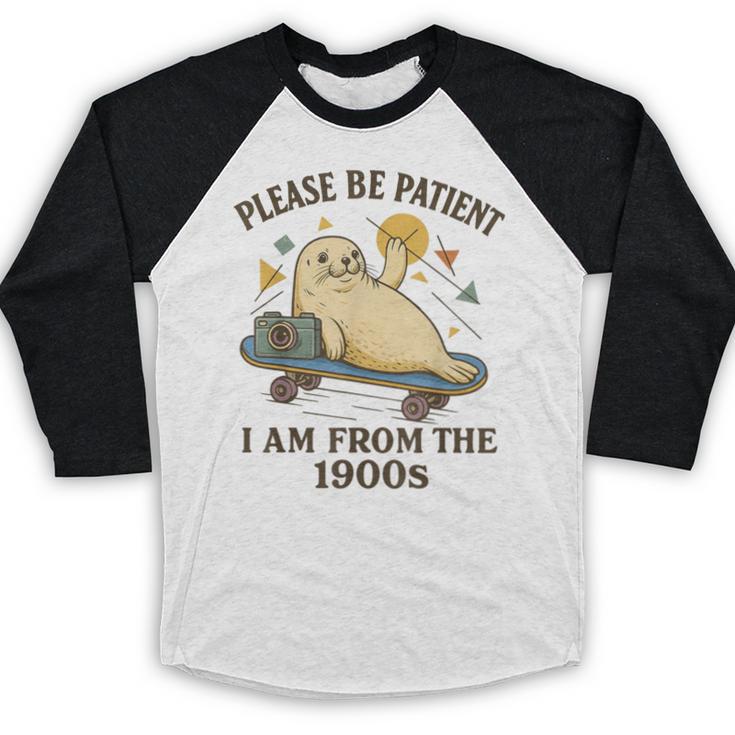 90s Manatee Humor Please Patient I'm From The 1900s Baseball Raglan Shirt