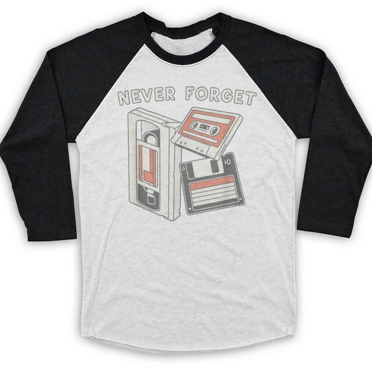 Never Forget VHS Tape Cassette Floppy Disk Nostalgia 80s 90s Baseball Raglan Shirt