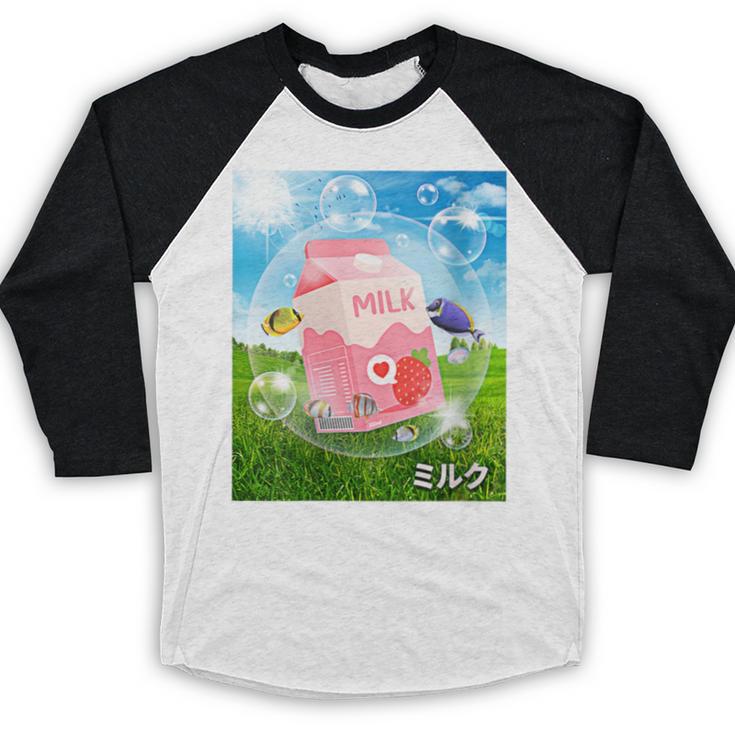 Frutiger Aero Aesthetic Tech Kawaii Strawberry Milk Fishes Baseball Raglan Shirt