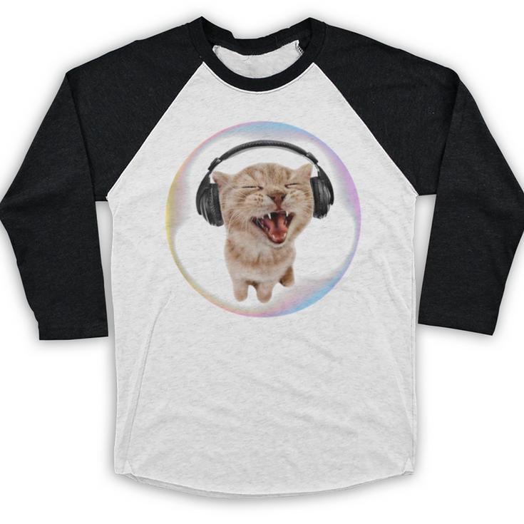 Frutiger Aero Cat Wearing Headphones Bubble 2000s Gen-Z Meme Baseball Raglan Shirt