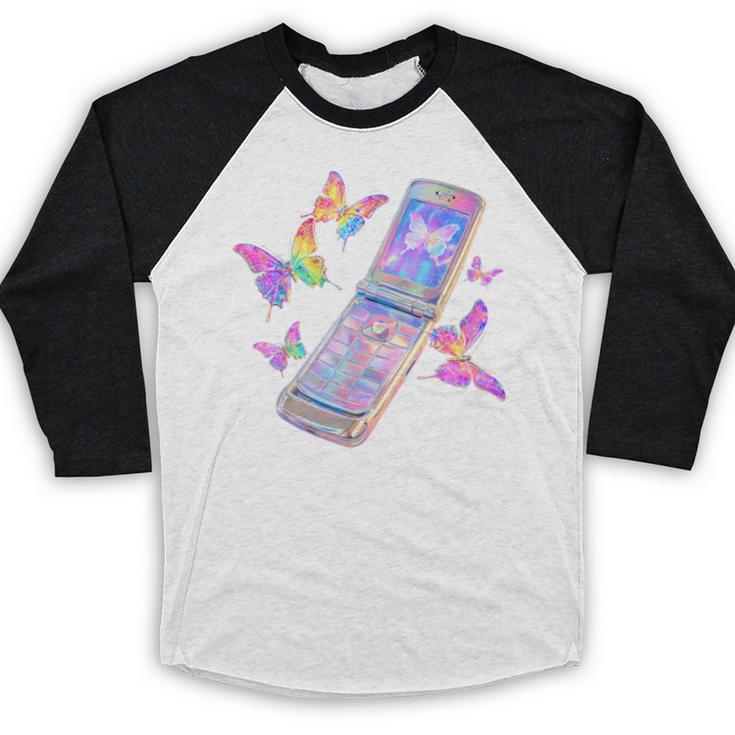 Frutiger Aero Y2K Chrome Phone Butterfly Baseball Raglan Shirt Frutiger Aero Y2K Chrome Phone Butterfly Baseball Raglan Shirt