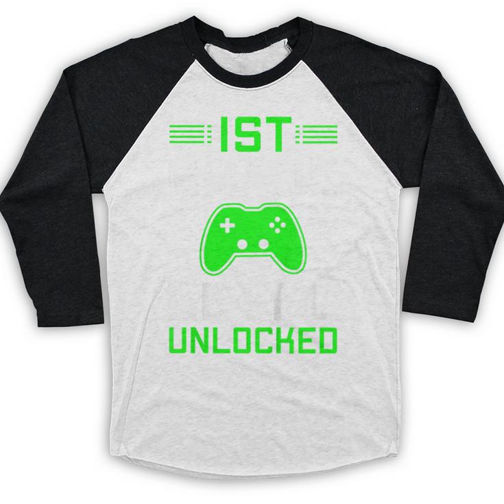 Kids 1st Grade Level Unlocked Back To School Gamer Graduation Baseball Raglan Shirt