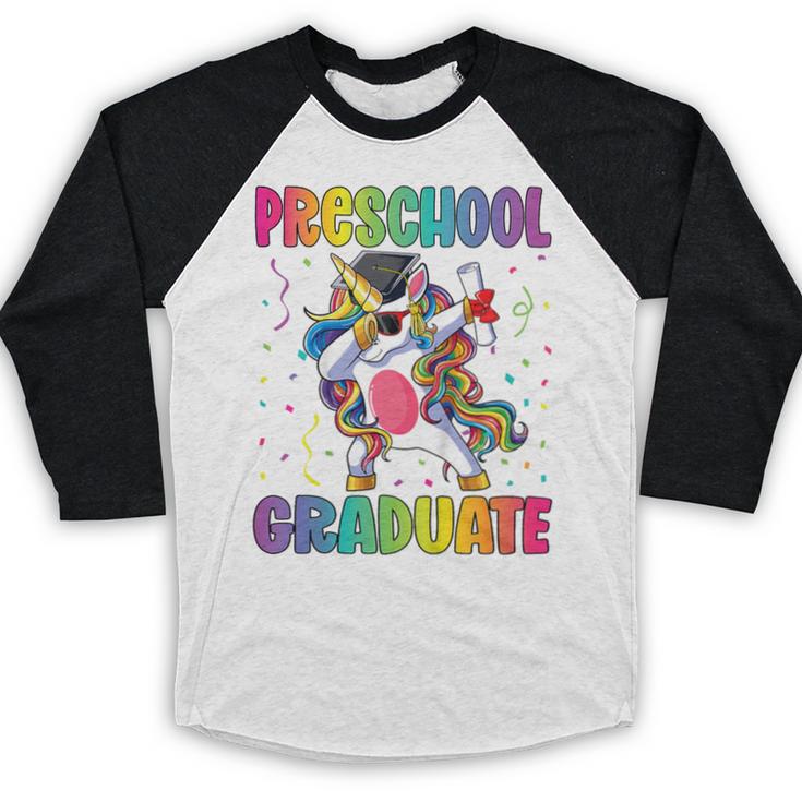 Kids Preschool Graduation Dab Unicorn Preschool Graduate Baseball Raglan Shirt
