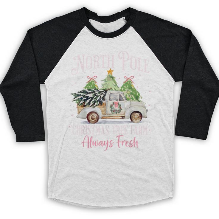 North Pole Tree Farm Merry Christmas Holiday Scene Nostalgia Baseball Raglan Shirt
