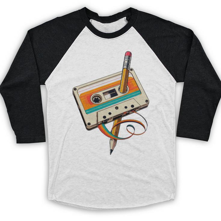 Retro Cassette Tape & Pencil Rewind Nostalgia Party 80s 90s Baseball Raglan Shirt