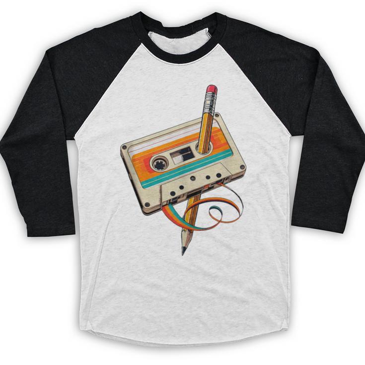 Retro Cassette Tape & Pencil Rewind Nostalgia Party 80s 90s Baseball Raglan Shirt