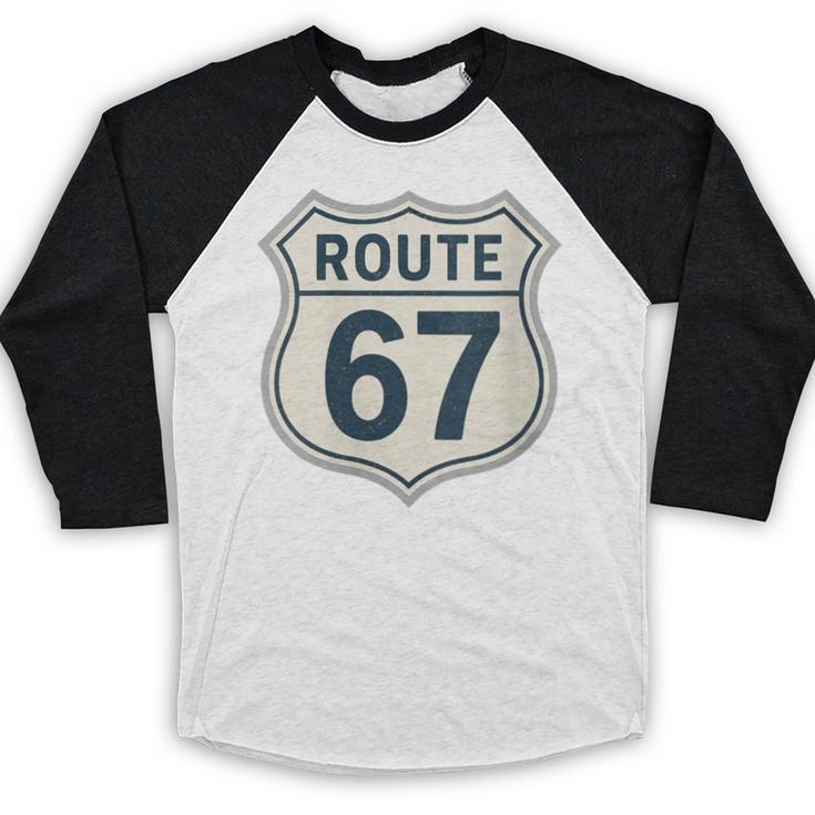 Retro Route 67 Highway Sign Vintage Road Nostalgia Baseball Raglan Shirt