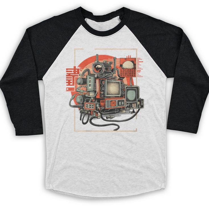 Retro Tech Stack 80s 90s Nostalgia Analog TV Cameras Baseball Raglan Shirt