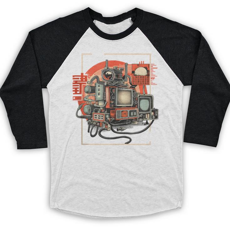 Retro Tech Stack 80s 90s Nostalgia Analog TV Cameras Baseball Raglan Shirt