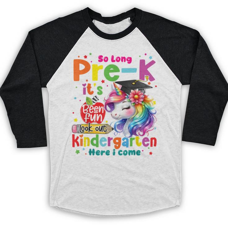 So Long Prek Pre-K Graduation Graduate Unicorn Kids Girls Baseball Raglan Shirt