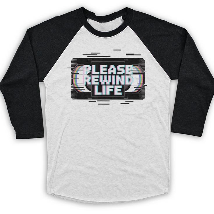 VHS Tape Rewind Glitch 90s Retro Nostalgia Please Rewind Baseball Raglan Shirt