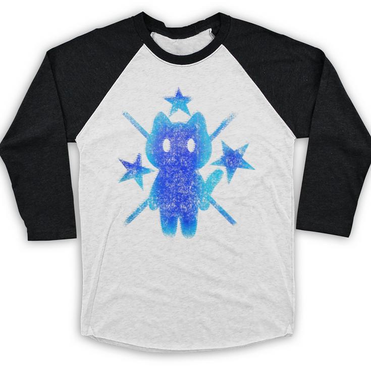 Yk2 Grunge Earthy Blue Cat With Stars Tomboy 90s Nostalgia Baseball Raglan Shirt