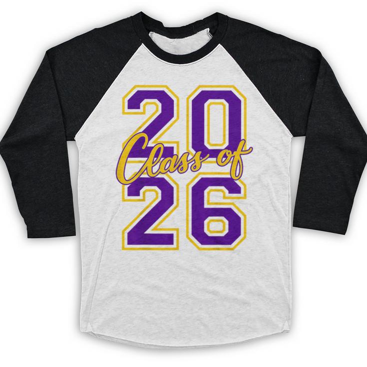 Class Of 2026 Graduation Varsity Purple And Yellow Letters Baseball Raglan Shirt