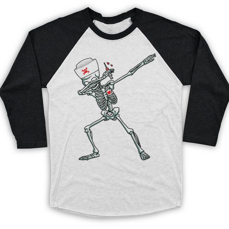 Dabbing Skeleton Nurse  Halloween Graduation Baseball Raglan Shirt