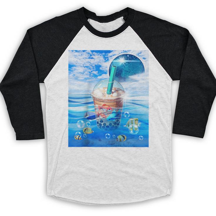 Frutiger Aero Aesthetic Tech Bubble Tea Boba Milktea Fishes Raglan Baseball Tee Baseball Raglan Shirt