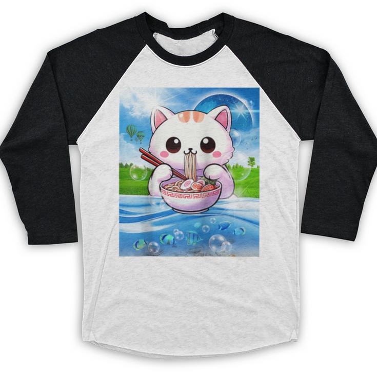 Frutiger Aero Aesthetic Tech Kawaii Ramen Cat Fishes Raglan Baseball Tee Baseball Raglan Shirt