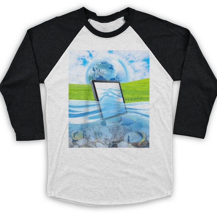 Frutiger Aero Aesthetic Tech Water Fishes Monitor Screen Raglan Baseball Tee Baseball Raglan Shirt