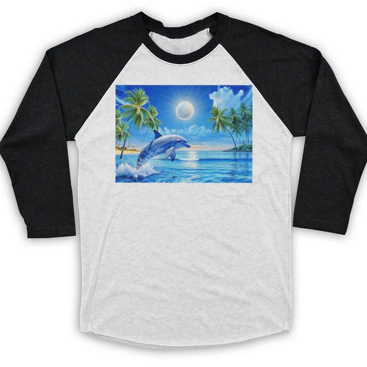 Frutiger Aero Dolphin Sunset Ocean With Palm Trees Y2k Premium Baseball Raglan Shirt