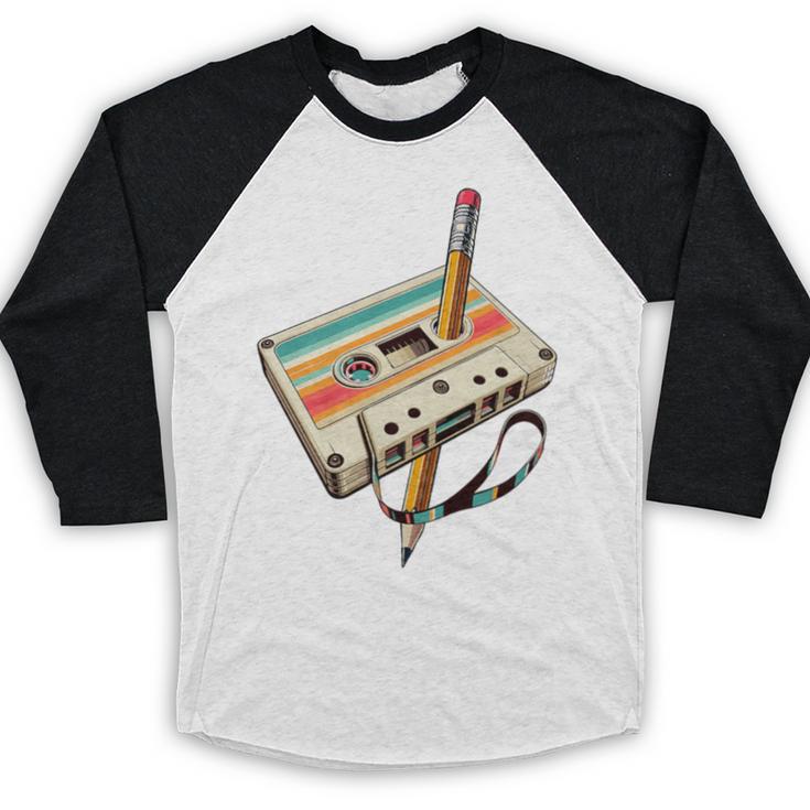 Retro Cassette Tape & Pencil Rewind Nostalgia Party 80s 90s Premium Baseball Raglan Shirt