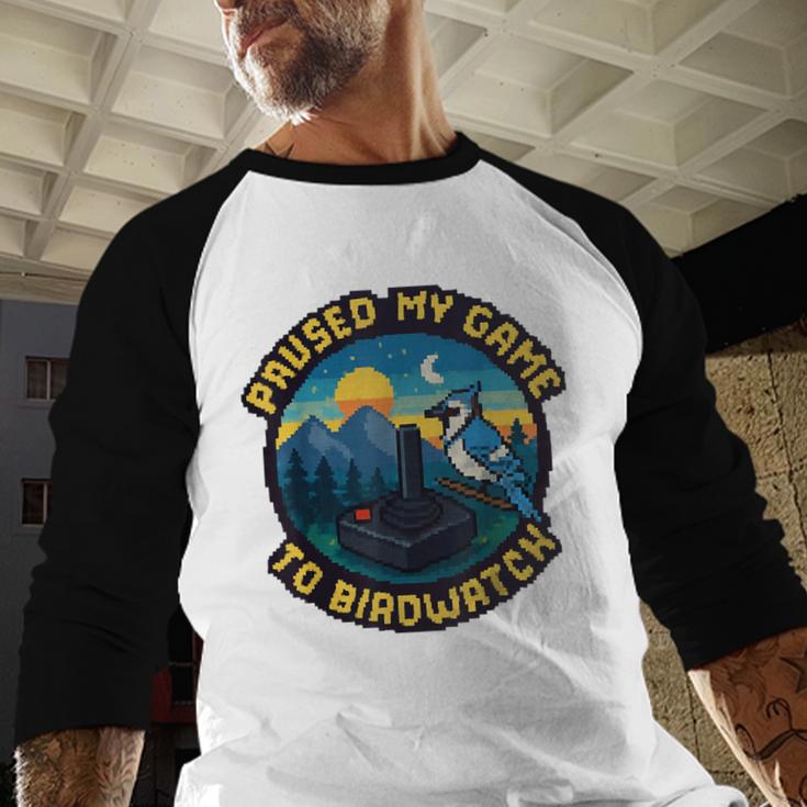 8-Bit Gamer Birder Blue Jay Arcade Nostalgia Nature Baseball Raglan Shirt