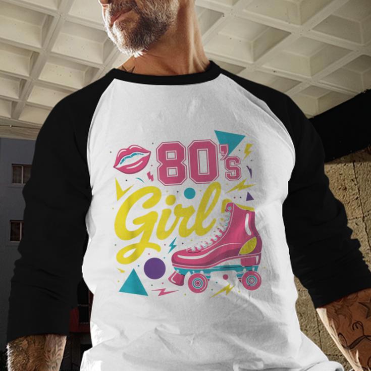 80's Girl Roller Skates Skating Eighties 1980s Nostalgia Baseball Raglan Shirt