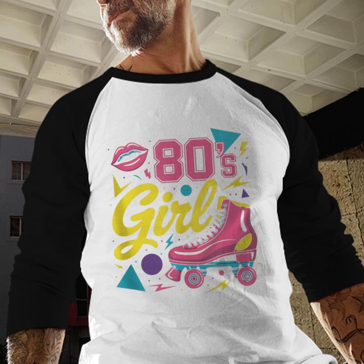 80's Girl Roller Skates Skating Eighties 1980s Nostalgia Baseball Raglan Shirt