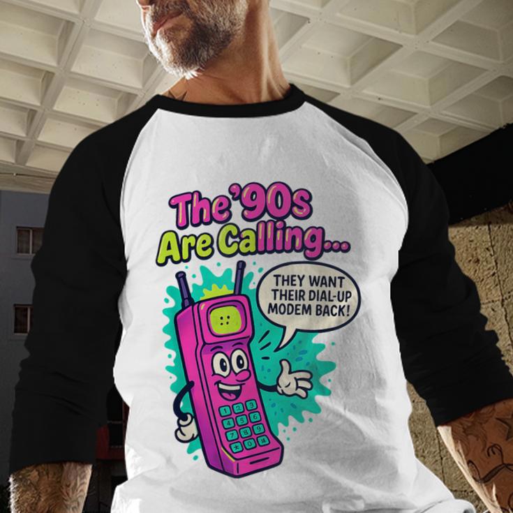 The 90s Are Calling Retro 90s Kid Nostalgia Gag Meme Baseball Raglan Shirt