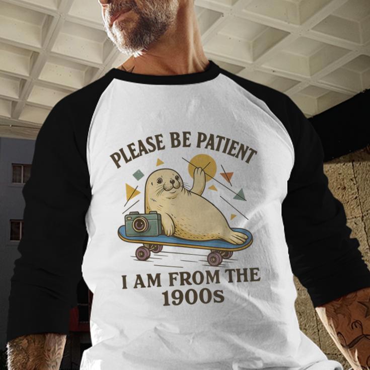 90s Manatee Humor Please Patient I'm From The 1900s Baseball Raglan Shirt