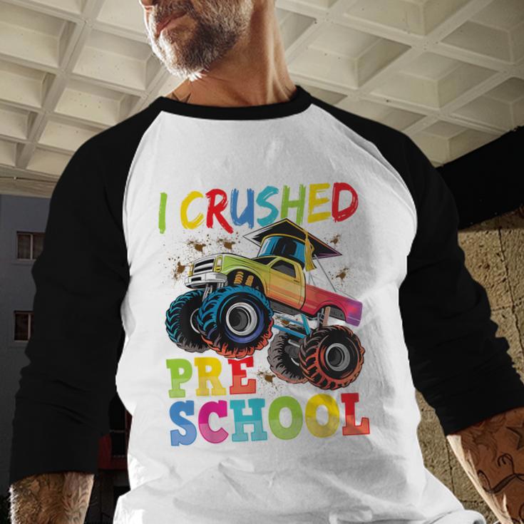 I Crushed Pre-K Monster Truck Graduation Preschool Grad 2025 Baseball Raglan Shirt