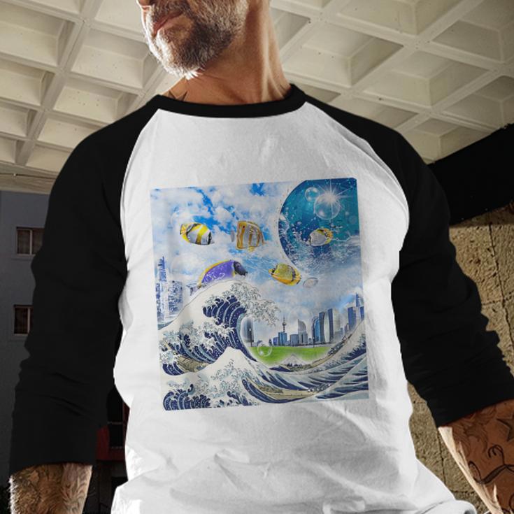 Frutiger Aero Aesthetic Tech Great Wave Of Kanagawa Fishes Baseball Raglan Shirt