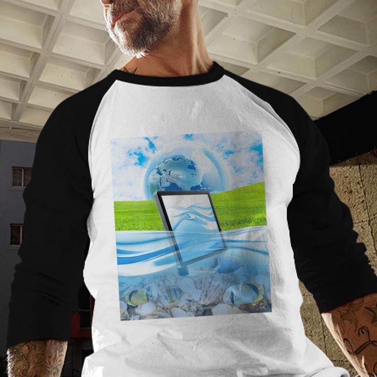 Frutiger Aero Aesthetic Tech Water Fishes Monitor Screen Baseball Raglan Shirt Frutiger Aero Aesthetic Tech Water Fishes Monitor Screen Baseball Raglan Shirt