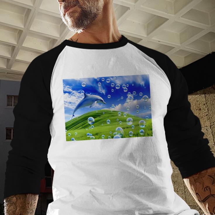 Frutiger Aero Dolphin Meadow Aesthetic Y2k 2000s Ironic Baseball Raglan Shirt Frutiger Aero Dolphin Meadow Aesthetic Y2k 2000s Ironic Baseball Raglan Shirt