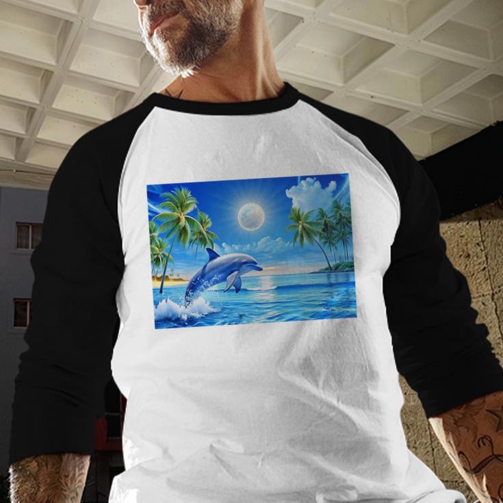 Frutiger Aero Dolphin Sunset Ocean With Palm Trees Y2k Premium Baseball Raglan Shirt Frutiger Aero Dolphin Sunset Ocean With Palm Trees Y2k Premium Baseball Raglan Shirt