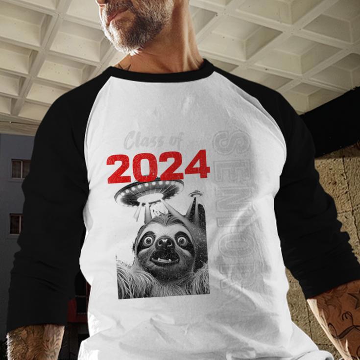 Fun Trendy UFO Sloth Graduation Class Of 2024 Senior Baseball Raglan Shirt